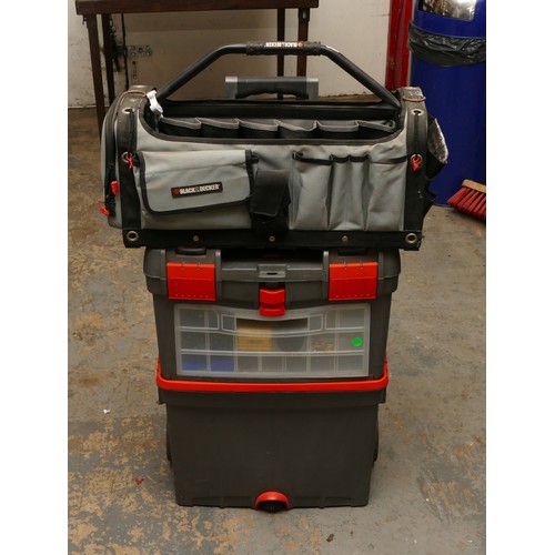 22 - A B&Q rolling plastic tool box, and a Black and Decker tool caddy, full of tools, including Irwin ch... 