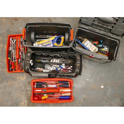 22 - A B&Q rolling plastic tool box, and a Black and Decker tool caddy, full of tools, including Irwin ch... 