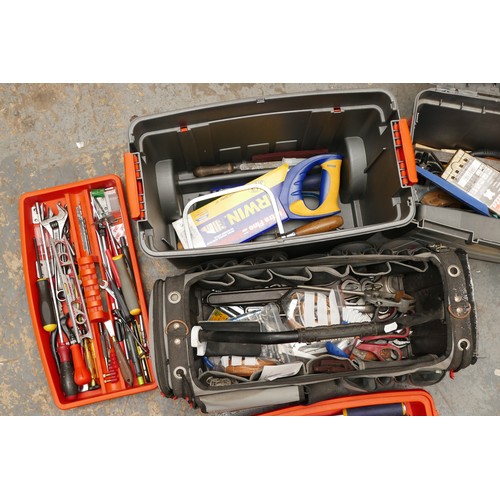 22 - A B&Q rolling plastic tool box, and a Black and Decker tool caddy, full of tools, including Irwin ch... 