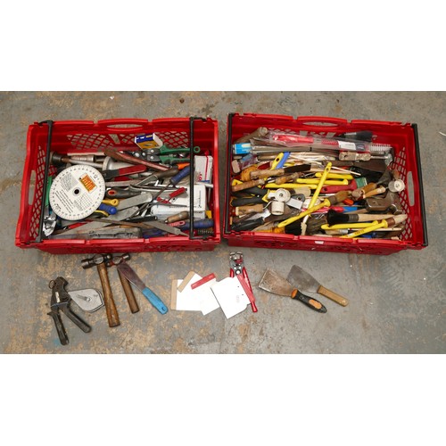 24 - A set of two red crates with quality mixed tools, including decorating equipment, Wiss tin snips and... 