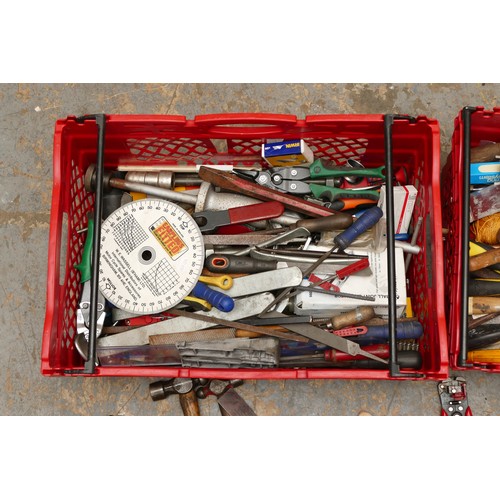 24 - A set of two red crates with quality mixed tools, including decorating equipment, Wiss tin snips and... 