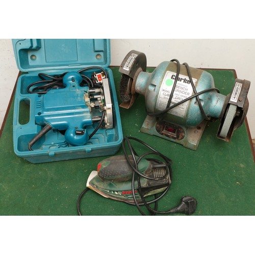 28 - A collection of mains 240v power tools, including a boxed Makita router 3620, Bosch sander and a Cla... 