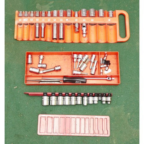 45 - A collection of Snap On sockets on a magnetic tray (3/8 inch drive metric sizes), sockets on plastic... 