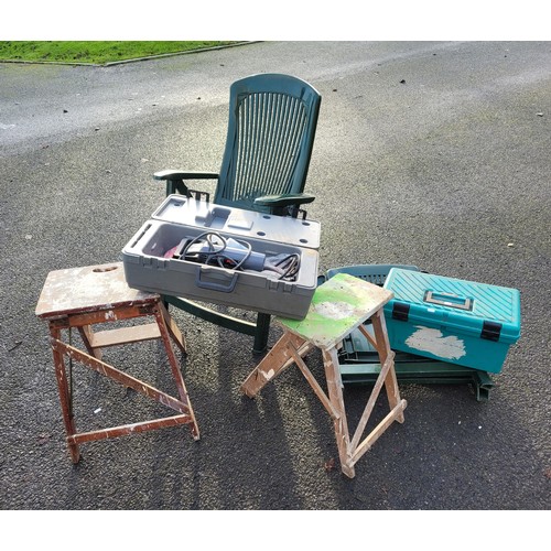 53 - Two green coloured plastic fold up garden chairs, two sets of small wooden steps, Makita tool box (e... 