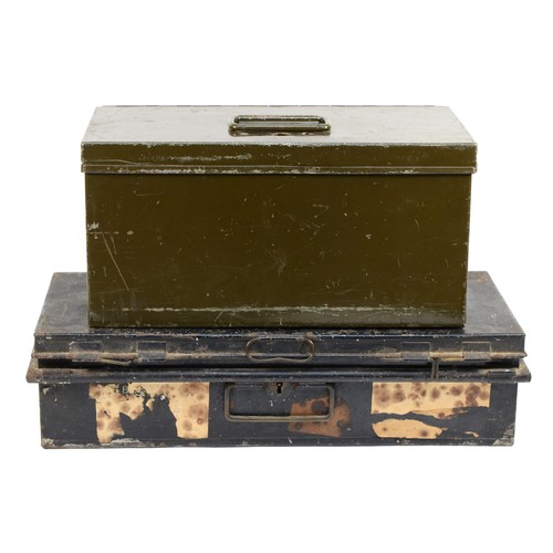 55 - Two metal storage boxes, measuring, 18cm x 36 x 18 and 11cm x 46 x 20 with a label to the rear '8702... 