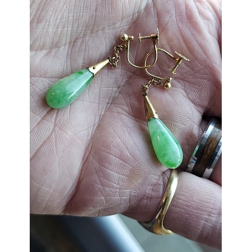 160 - A pair of 9ct gold jade drop earrings with screw backs, 45mm total drop, 4.8g