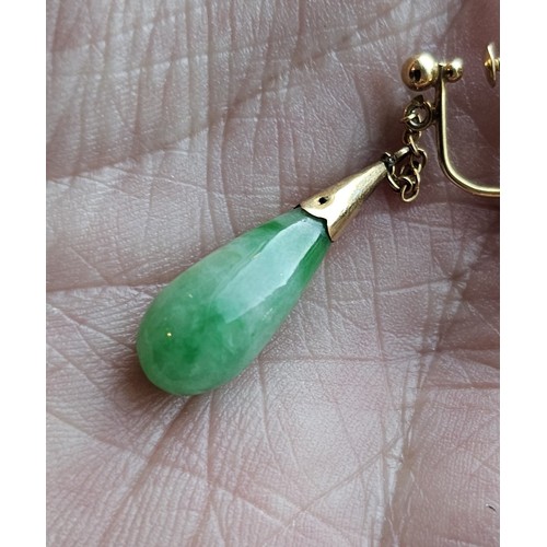 160 - A pair of 9ct gold jade drop earrings with screw backs, 45mm total drop, 4.8g