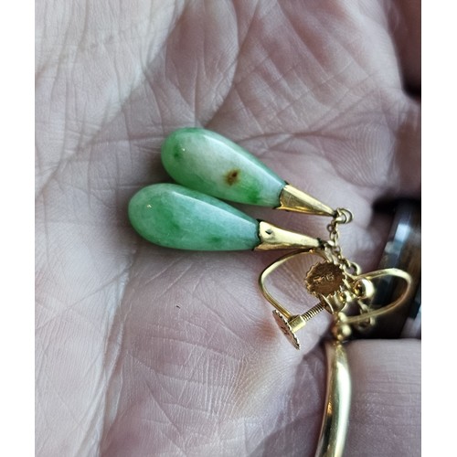 160 - A pair of 9ct gold jade drop earrings with screw backs, 45mm total drop, 4.8g