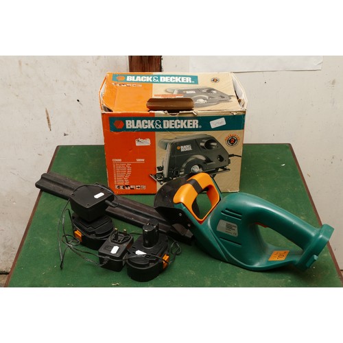 59 - A Black and Decker CD600 500w 240v circular saw, also a Performance 18v cordless hedge strimmer with... 