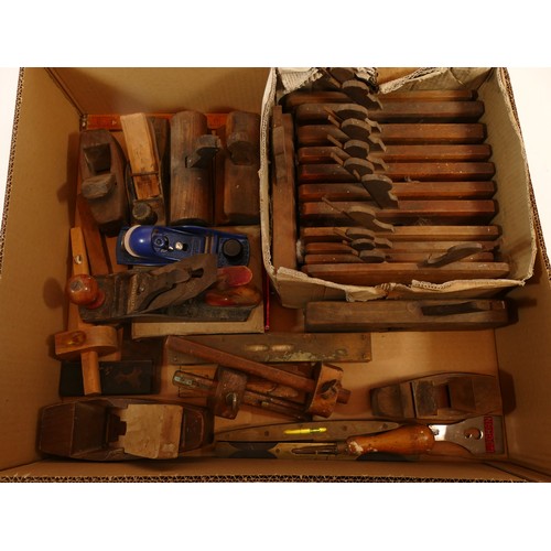 71 - Two boxes of mixed carpenters tools, that also include moulding planes and a morticle gauge.