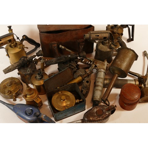 76 - A collection of tools to include oil cans, blow torches, grease guns and cobblers tools. (1 box)