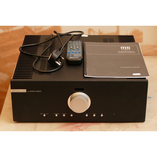 A Musical Fidelity M6-S1 500 dual mono integrated amplifier, with remote, AC lead, and installation guide.

Specifications.
Power output: 500 Watts per channel into 8 Ohms (27dBW) THD(+ noise): 100dB ‘A’-weighted Frequency Response: +0, –0.1dB, 10Hz to 20 kHz
Inputs	4 x line level RCA / phono (1 with home theatre bypass)
Outputs	1 x RCA pre out
1 x RCA fixed out
General	Dimensions - WxHxD (mm): 440 x 160 x 460
Weight (unpacked / packed): 30kg/ 35kg