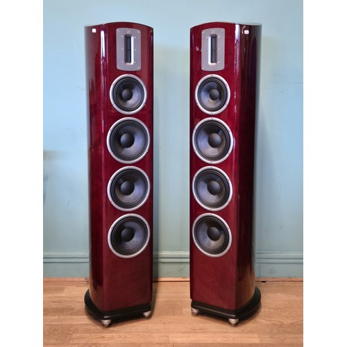 A pair of Quad Z4 '80th Anniversary' edition free standing Hi-Fi speakers.

Specifications. 
Enclosure type bass reflex
Transducer complement 3-way
Bass Driver 3 x Carbon Fibre cone
Mid Range Driver 175mm woven kevlar cone
Treble driver 90x12mm true ribbon
AV shield No
Sensitivity (1W @ 1m) 90db
Recommended amplifier power 60-250w
Peak SPL 115dB
Nominal impedance 4O
Minimum impedance 3.6O
Frequency response (+/-3dB) 47Hz - 20kHz
Bass extension (-6dB) 40Hz
Crossover frequency 300Hz & 3.5KHz
Cabinet Volume (in litres) 43L
Dimensions (mm) 1175 x 267 x 340
Weight 23.5kg