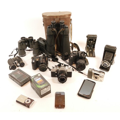 164 - A collection of cameras and binoculars, to include, a Praktica MTL3 film camera, a Fujifilm Finepix ... 