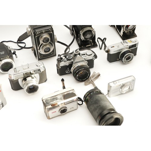 215 - A collection of cameras and camera accessories, to include, Halina Paulette, DelMonta TLR, Olympus O... 