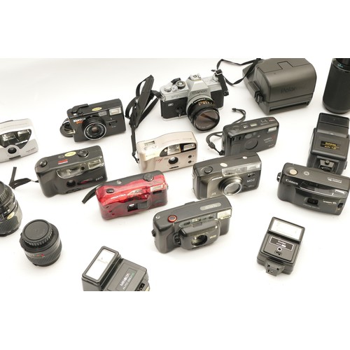 216 - A collection of cameras and camera accessories, to include, Canon FTb, Canon Snappy EL, Minolta f/5.... 