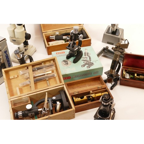 290 - A collection of mid 20th century and later students microscopes, makers to include Riko, Paul Plus, ... 