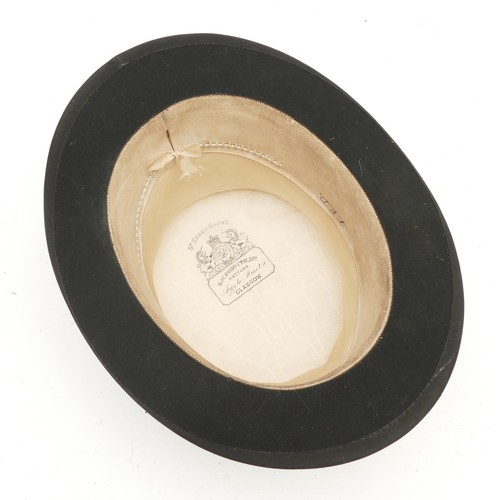 292 - B.W.Forsyth Hatters, Glasgow; Black silk top hat in a brown rectangular hinged hat box/carry case,