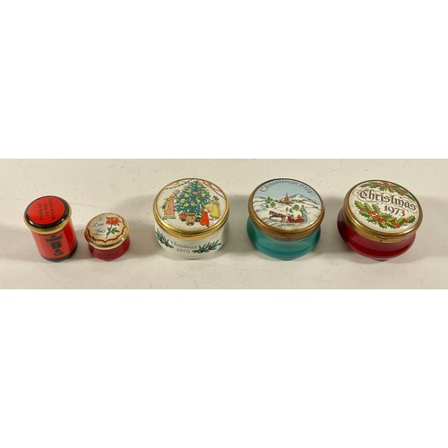 336 - Halcyon Days Ltd London; comprising five enamelled trinket boxes, all boxed with paperwork.