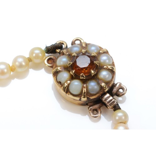 350 - A single row, graduated cultured pearl necklace, 7 - 2.5mm beads, 49cm, to a 9ct gold garnet and pea... 