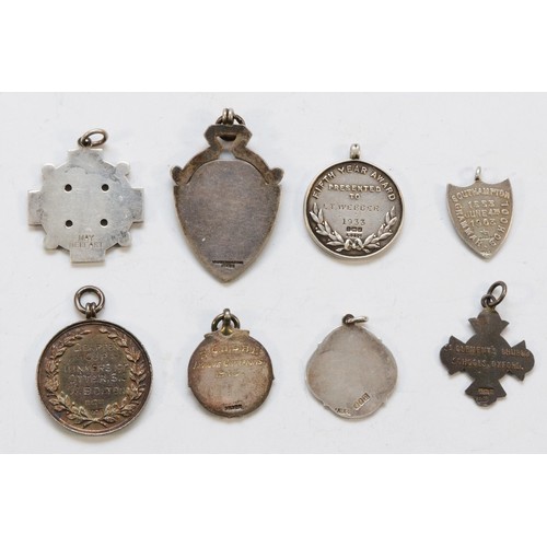 356 - A Victorian silver and gold applied medal, B.W.C.C. 1887 Road Race, First, and seven other medals/fo... 