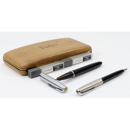 368 - Parker, a stainless steel and black Nikko squeeze action fountain pen and propelling pencil, case