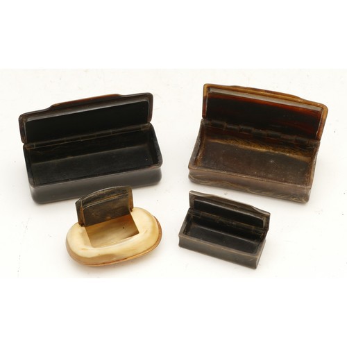 380 - A group of four Edwardian snuff boxes, ebony, bone and faux tortoiseshell examples.