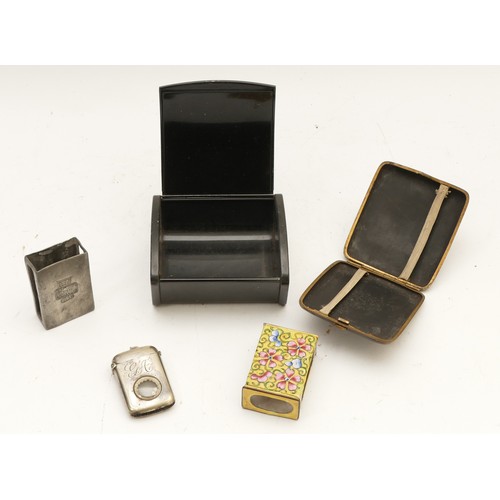 381 - An Edwardian silver plated novelty vesta case, having inset dice, together with oriental matchbox ho... 