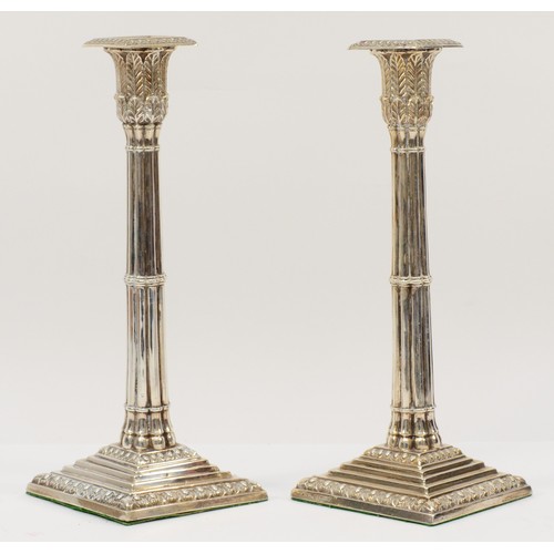 387 - A Victorian pair of George III style candlesticks, by JKB, Sheffield 1884, detachable sconces, to re... 