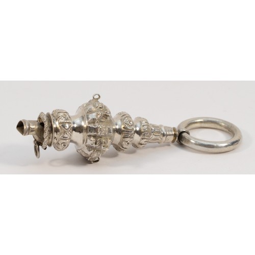 389 - A Victorian silver rattle, Birmingham 1879, lacking bells, 13.5cm, replacement teething ring