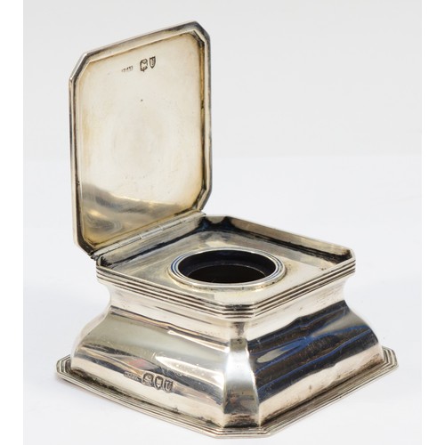 390 - A Victorian silver and glass square capstan inkwell, London 1896, contemporary initials and date, 8.... 