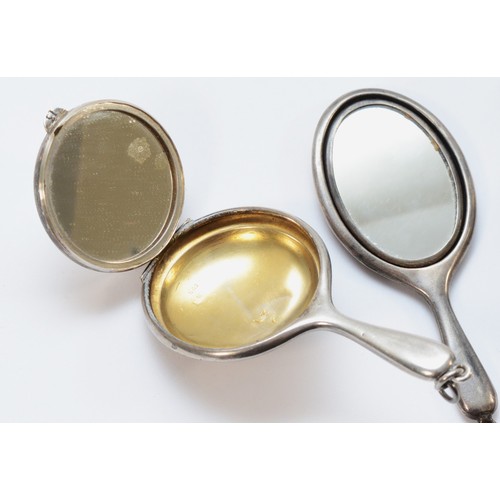 408 - An unusual handbag combination mirror compact, Birmingham1916, 6.7cm, lacking powder puff, with anot... 