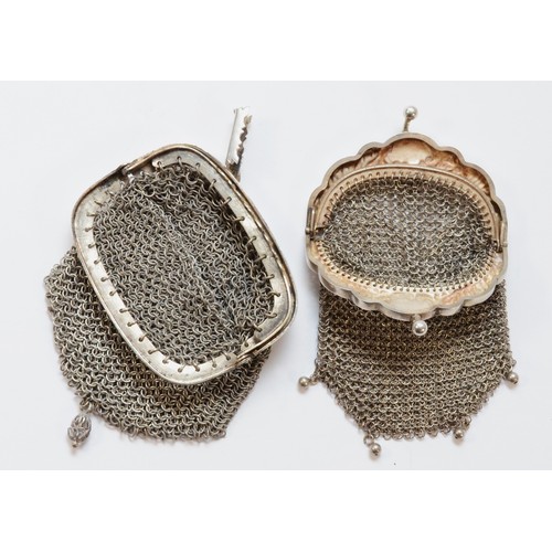 414 - A silver embossed mesh purse, unmarked, 10 x 5.6cm, together with another unmarked silver mesh purse... 