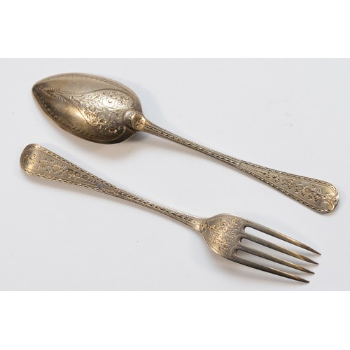 437 - A bright cut silver Christening spoon and fork set, London 1816, fork engraved 'JFB 10th Oct 1929', ... 