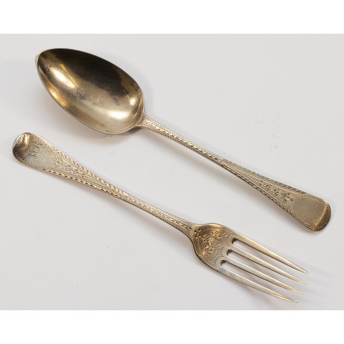 437 - A bright cut silver Christening spoon and fork set, London 1816, fork engraved 'JFB 10th Oct 1929', ... 