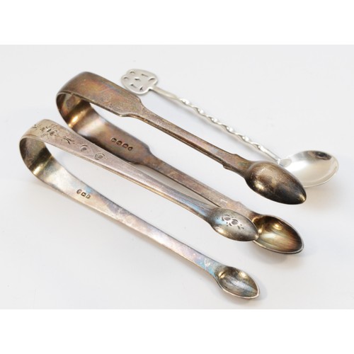 459 - A George III silver bright cuit pair of sugar tongs, London 1800, another pair, 1832 and a spoon, wi... 