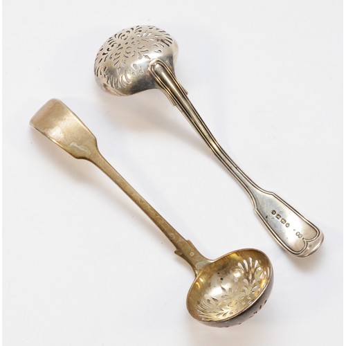 460 - A Victorian silver fiddle and thread pattern sifter spoon, London 1871, and other fiddle pattern exa... 