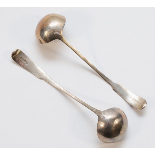 461 - A Scottish George III pair of fiddle pattern toddy ladles, Duty, Thistle, g and worn maker, Edinburg... 