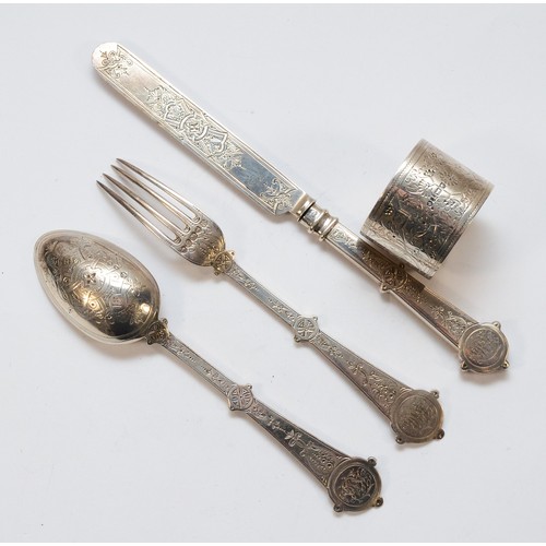 464 - A Victorian four piece christening set, by Martin & Hall, London 1879, 1881, Sheffield 1879, 1886, m... 