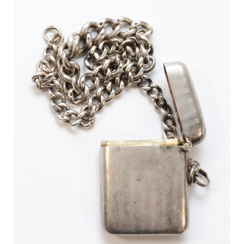 477 - A silver vesta case, Birmingham 1917, 5x4cm, with attached chain, 36cm, 70gm.