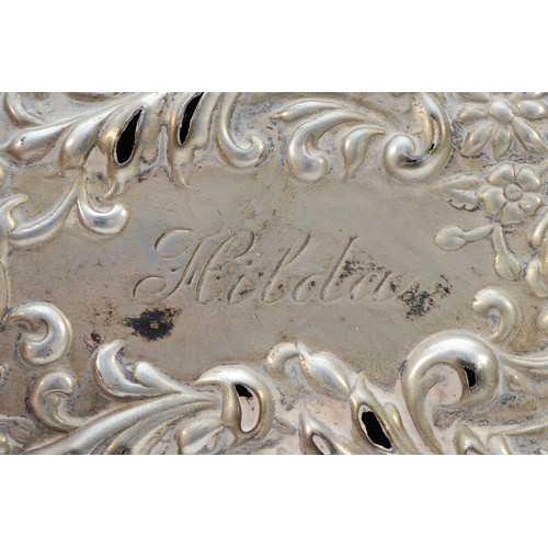 510 - An oval embossed silver trinket box, Chester 1899, 9 x 4.5 x 2cm, 55gm, holes