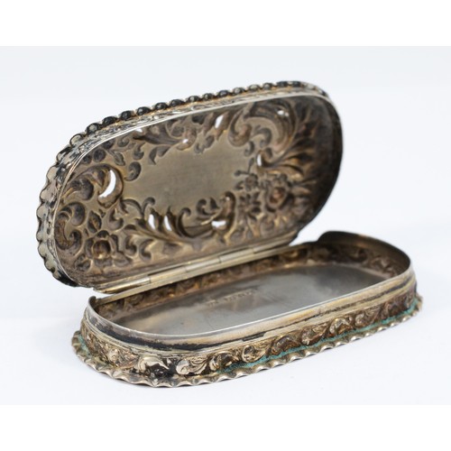 510 - An oval embossed silver trinket box, Chester 1899, 9 x 4.5 x 2cm, 55gm, holes