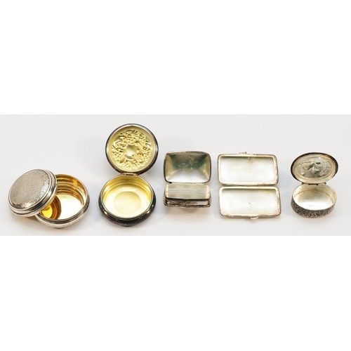 579 - An Egyptian 925 silver pill box and four UK silver boxes, 102gm