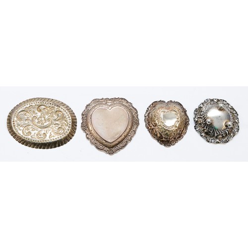 586 - A silver heart shape pin tray, Birmingham 1997 and three other silver trinket dishes, (4), 82gm