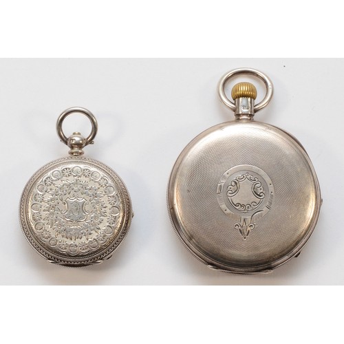 592 - Waltham, a silver keyless wind open face pocket watch, Birmingham 1899 and a ladies silver key wind ... 