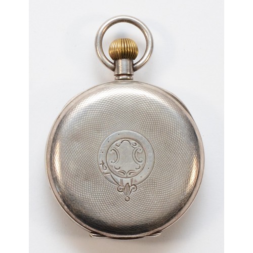 595 - A silver keyless wind open face pocket watch, London import  1919.
Working when catalogued.