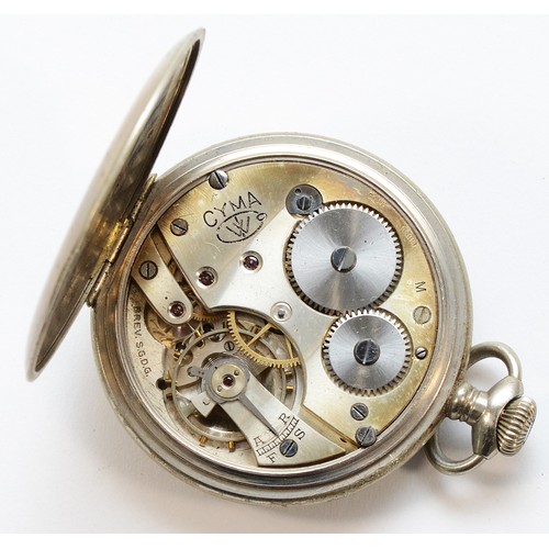 598 - CYMA, a nickel keyless wind open face pocket watch.
Working when catalogued.