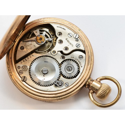 601 - A gold plated keyless wind hunter pocket watch, 15 jewel, 2 adjustment Swiss movement.
Working when ... 