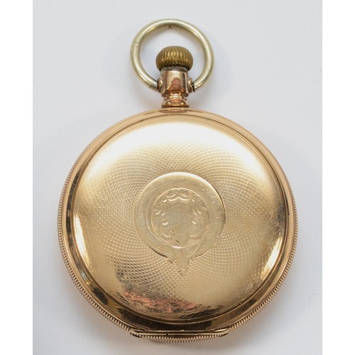 602 - Elgin, a gold plated keyless wind hunter pocket watch, 7 jewel movement.
Not working, fully wound, b... 