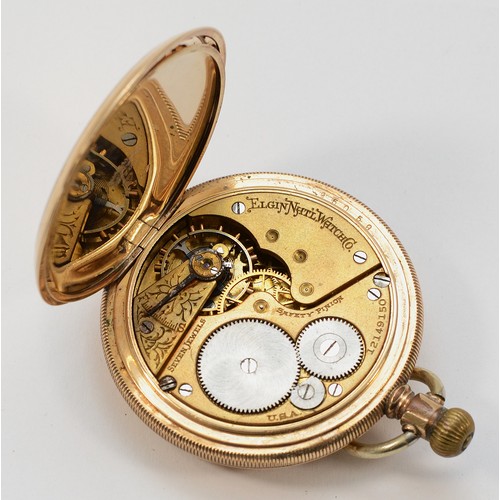 602 - Elgin, a gold plated keyless wind hunter pocket watch, 7 jewel movement.
Not working, fully wound, b... 